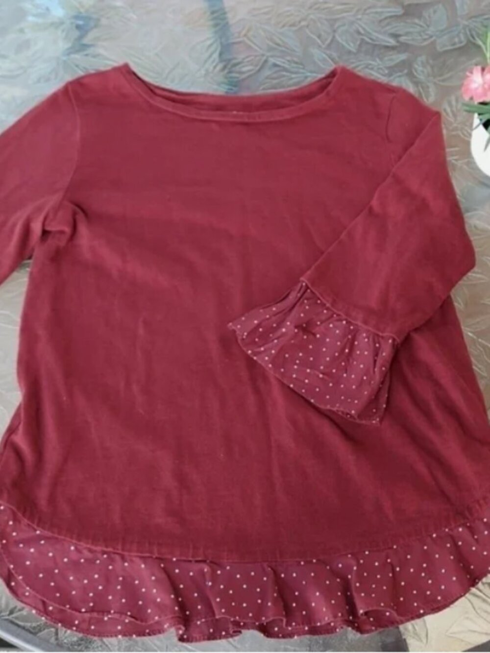 LOFT Burgundy Blouse with Polka Dot Trim